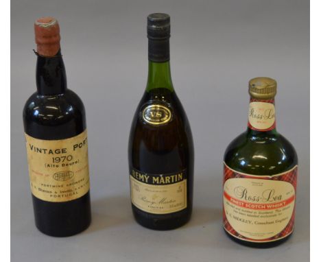3 Vintage bottles of alcohol: Ross-Lea Scotch Whiskey; Remy Martin VS Petite Fine Champagne Cognac, Vintage Port (Alto Douro)