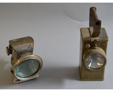 A 1920s Jos Lucas Ltd Silver King Birmingham bicycle lamp together with an Alkaline Batteries Ltd Nife NH10A miners lamp (2)