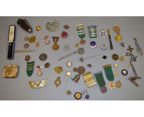 Mixed lot containing various enamel medals and badges, pins, cheroot holders, collectables etc.