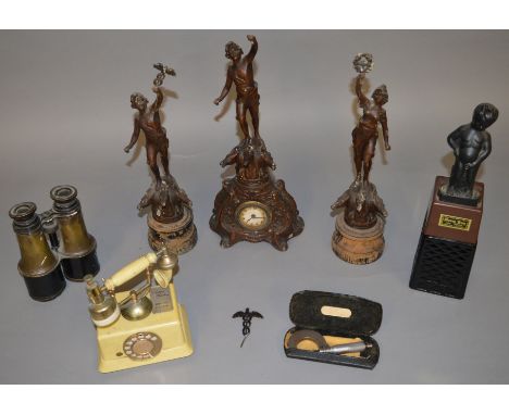 A mixed lot of collectables including an interesting clock garniture (s/d), a table lighter in the form of a telephone and br