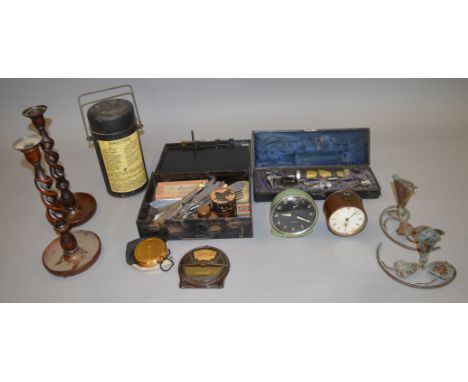 Mixed lot of collectables including interesting vintage clocks, candlesticks, government issue cutlery and first aid box, vin