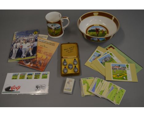 Mixed lot of golfing memorabilia including a Royal Worcester Melvyn Buckley collection bowl and tankard, St Andrews 1984 prog