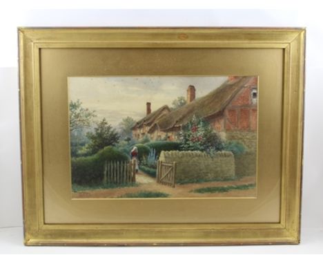 WILLIAM WELLS QUATREMAIN (1857-1930) "Anne Hathaway's Cottage, Shottery, Stratford-upon-Avon" featuring a figure at the garde