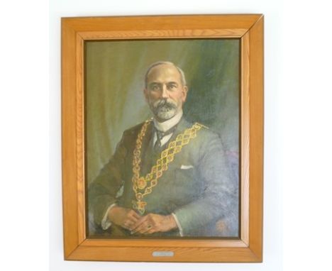 JOAN JONES "Sir Hallewell Rogers KT, Chairman, May 1900-Oct 1905" wearing Chain of Office, Oil on canvas, monogrammed JJ, 90c