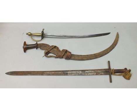 BAUER & JEGER BERLIN A LIGHT SABRE with brass handle and guard, together with a BROAD SWORD and a curved bladed SWORD of Afri