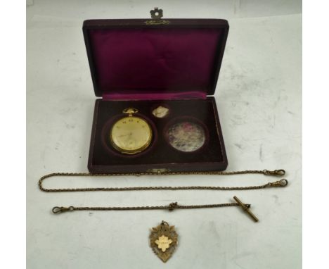 A 14K GOLD CASED GENTLEMAN'S EVENING POCKET WATCH, wreath border, engine turned back, dial with Roman numerals and secondary 