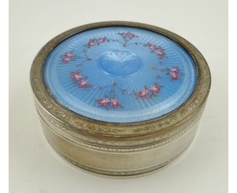 A CONTINENTAL SILVER DRESSING TABLE BOX, engine turned, gilded interior, the lid inset blue guilloche enamel panel with pink 