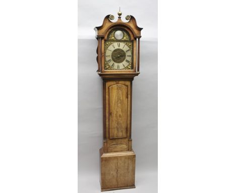A 19TH CENTURY MAHOGANY LONGCASE CLOCK, having swan neck pediment over pilaster sided hood, the engraved brass dial bearing t