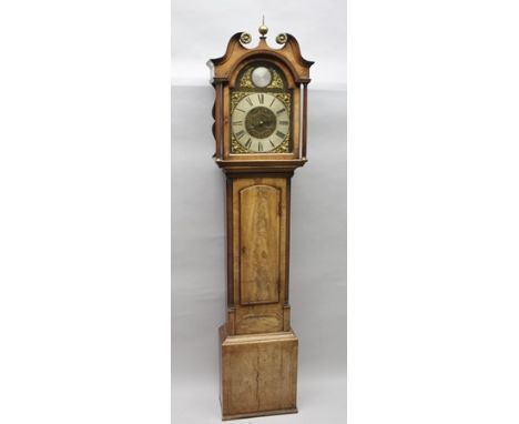 A 19TH CENTURY MAHOGANY LONGCASE CLOCK, having swan neck pediment over pilaster sided hood, the engraved brass dial bearing t