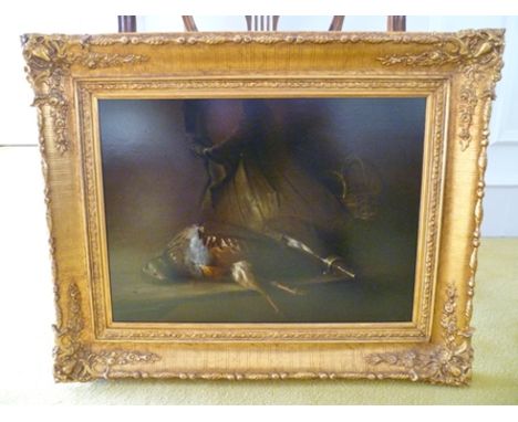 MID 19TH CENTURY CONTINENTAL SCHOOL "French Partridge on a ledge" with shot flask, basket and bag, Oil on panel, 38cm x 52cm 