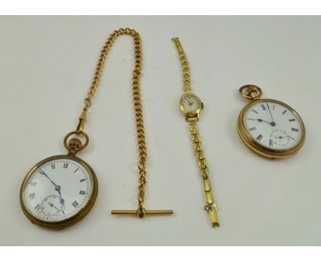 TWO GENTLEMAN'S GOLD PLATED CASED POCKET WATCHES, a yellow metal WATCH CHAIN, and a LADY'S WRISTWATCH 