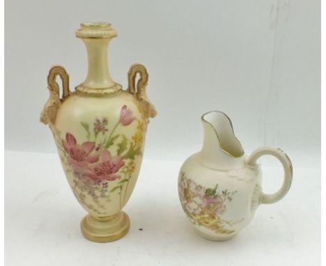 A ROYAL WORCESTER PORCELAIN VASE, with narrow bottle neck, moulded Lion mask handles, on circular platform foot, blush ivory 