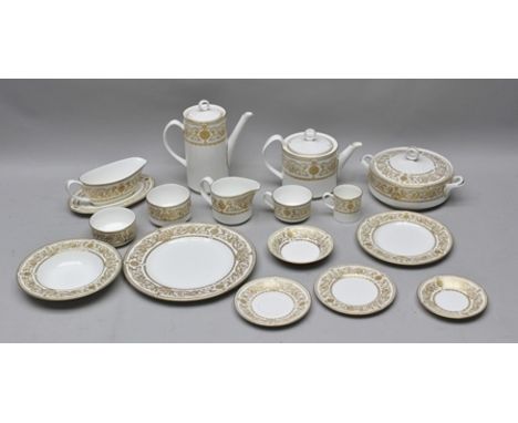 A ROYAL WORCESTER "HYDE PARK" PATTERNED AND GOLD LEAF DECORATED DINNER SET, comprising;- 14 x dinner plates, 14 x side plates