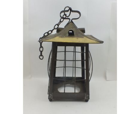AN ARTS & CRAFTS DESIGN BRASS HANGING LANTERN, 40cm high 