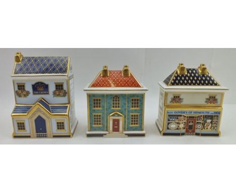THREE ROYAL CROWN DERBY PAPERWEIGHTS, "Georgian Doll's House" no. 14/1000, with stamper ceramic stopper, 8cm high, boxed with