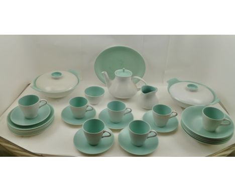 A POOLE POTTERY PART TEA AND DINNER SERVICE, including teapot, pair of tureens with covers, bowls, cups and saucers etc., mot