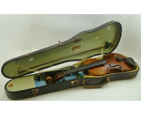 A W.E. HILL &amp; SONS VIOLIN BOW with ebony and mother of pearl frog and silver mounts, with a FULL SIZE VIOLIN having two p