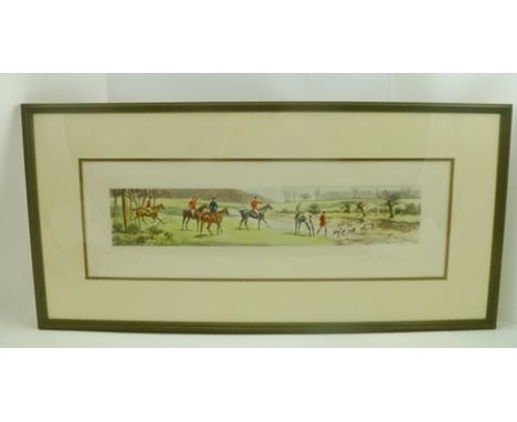 EUGENE TILY AFTER HARRINGTON BIRD "In a fix" a fox hunting scene, a hand coloured black and white Print, image 9cm x 48cm, mo