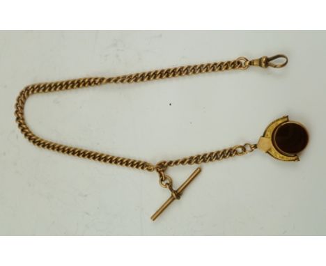 A 9CT ROSE GOLD WATCH CHAIN with 9ct gold T-bar, suspending a 9ct gold reversible stone set fob 