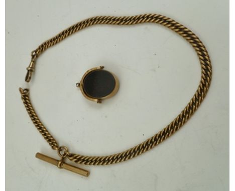 A 9CT GOLD WATCH CHAIN with reversible stone set fob, T-bar and catch yellow metal, 30g 