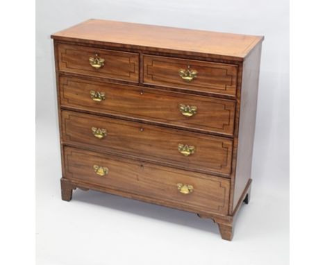 A 19TH CENTURY MAHOGANY CHEST OF DRAWERS, fitted two short over three long graduated drawers, string inlaid, with brass shape