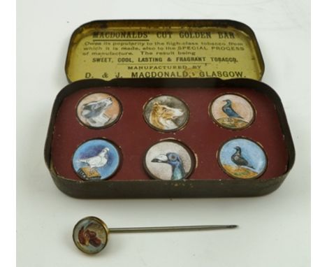 A SET OF SIX VICTORIAN ENAMEL BUTTON MOUNTS, individually decorated with portrait heads of two greyhounds, the rest racing pi