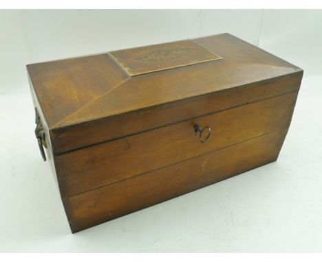 A 19TH CENTURY MAHOGANY TEA CADDY, the hinged cover inset with shell pattern, fitted ring side handles, opening to reveal a m