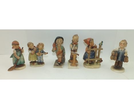 A COLLECTION OF SIX GOEBEL CERAMIC FIGURINES, children featured as musicians, a conductor, a cobbler etc., tallest 13cm high 