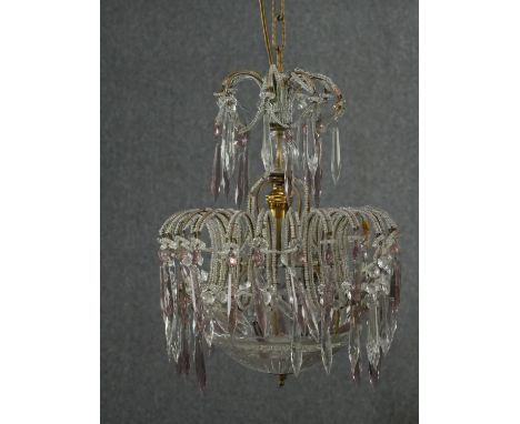 A vintage metal framed chandelier of basket form with cut crystal drops. H.95 Dia.32cm. 