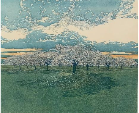 A signed limited edition etching, Cherry Grove, framed and glazed. H.63 W.70cm 