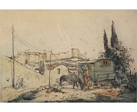An unsigned hand coloured etching with 'Chalcographie Du Louvre' watermark in an oak frame. H.37 W.54cm 