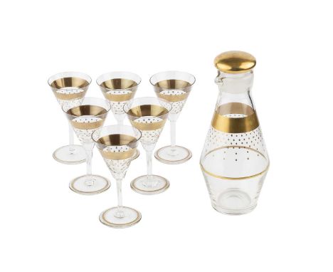 Art DecoCocktail setglass with gilt detailthe decanter 22cm high (7).  All appear in good condition. Gilding has some very mi