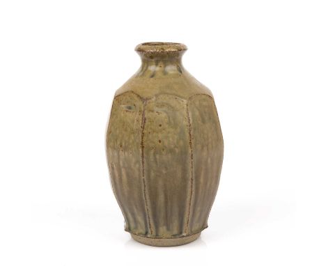 Mike Dodd (b.1943)Bottle vasestoneware, with cut sides and a grey and green running glazeimpressed potter's seal22cm high.