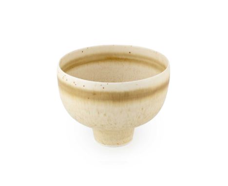 Hazel Johnston (1933-2011) Footed bowlwith bands of light glazeimpressed potter's seal13cm high, 16.5cm diameter.  Overall mi
