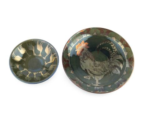 Jonathan Chiswell Jones (b.1944) Large dishdecorated with lustre depicting a cockerelsigned to the base30.5cm diameter; and o