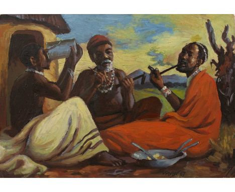 George Pemba (1912-2001)Three Men Enjoying Lunch, 1967signed and dated (lower right)oil on board36 x 51cm, unframed.  Provena