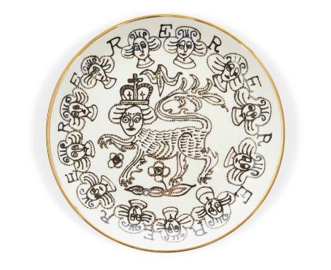 Grayson Perry (b.1960)Lion Queen Plateprinted with a design of Queen Elizabeth II as a lion set within a border of alternatin