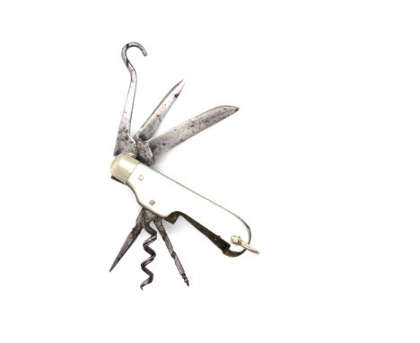 AN ANTIQUE MINIATURE MULTI BLADE POCKET KNIFE WITH NUMEROUS TOOLS, CORKSCREW, AUGER, SPIKE, BUTTON HOOK AND TWO BLADES.