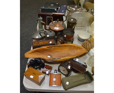Boxes and Objects - a copper kettle; a pewter teapot; a small copper saucepan and trivet; Prinz binoculars; an Ilford camera;