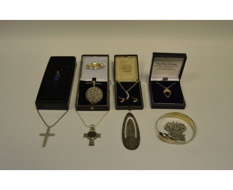 Silver - a Georg Jensen boxed pendant; three chain and pendant; chain and locket; two brooches; spoon bangle and bookmark; et