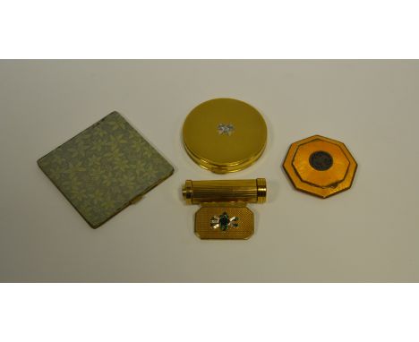Ladies Ephemera - a French guilloché enamel compact; others; a gilt metal lipstick holder (4)