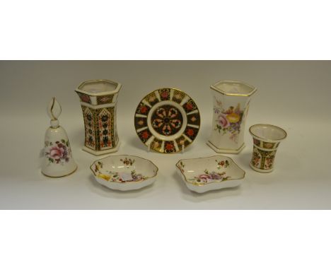 Royal Crown Derby - an 1128 pattern saucer; an 1128 pattern bud vase; another; a Derby Posies pattern vase, Bell, trinket dis