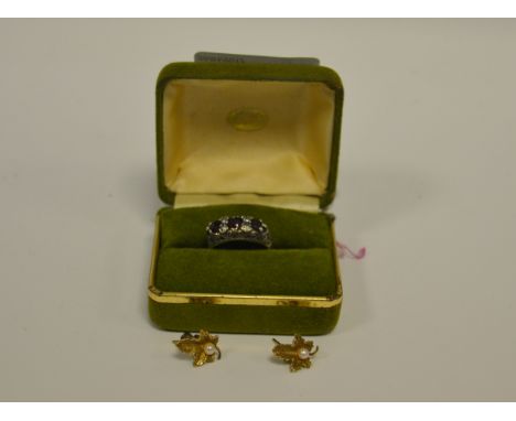 A pair of 9 ct gold and pearl earrings; a ruby and diamond ring