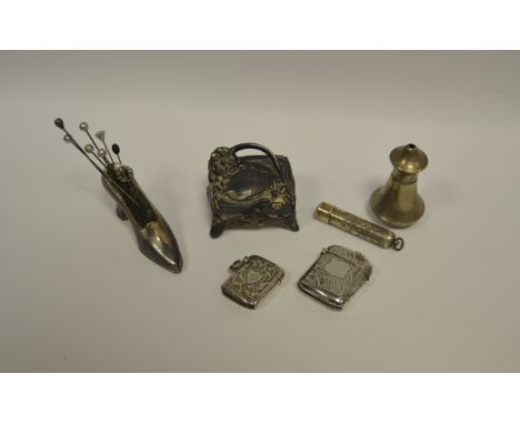 Ephemera - a silver plated pin cushion in the form of a shoe; a silver plated trinket pot; a silver plated vesta case; a pepp