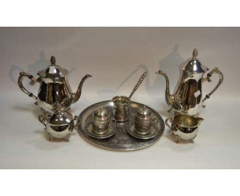 A silver plated teapot, coffee pot, sucrier, milk jug; a Turkish coffee set comprising of two cups, tray ;  etc 