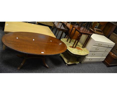 An early-20th century oak metamorphic serving trolley; an early-20th century side table with central inlaid chess board; a da