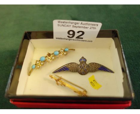3 x bar brooches a turquoise and seed pearl Edwardian design a broken catch, a RAF Wings, enamel tie pin, and 1 other
