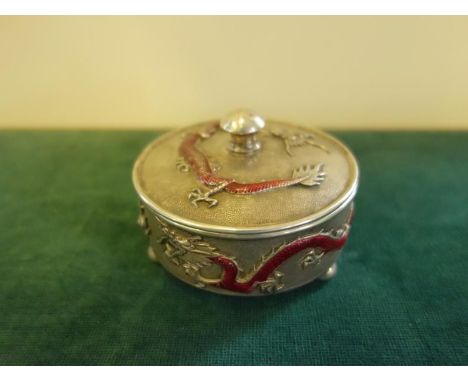 Superb signed Chinese silver and enamel box and lid, the enamel and silver lid decorated with a 4 claw dragon set with Burgun