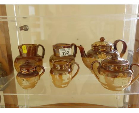 Royal Doulton stoneware Harvest pattern tea pot, 2 cream jugs, sugar basin and miniature cream jug with lid