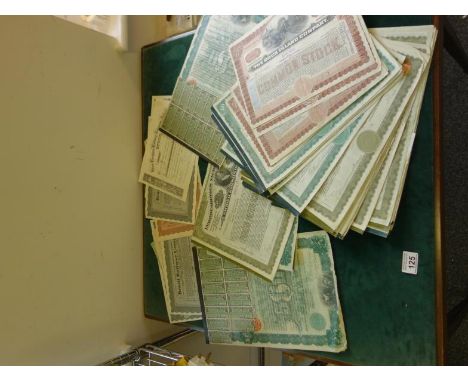Interesting collection of 19c share certificates, many with engraved highlights appertaining to mainly Railways, approx 60 in